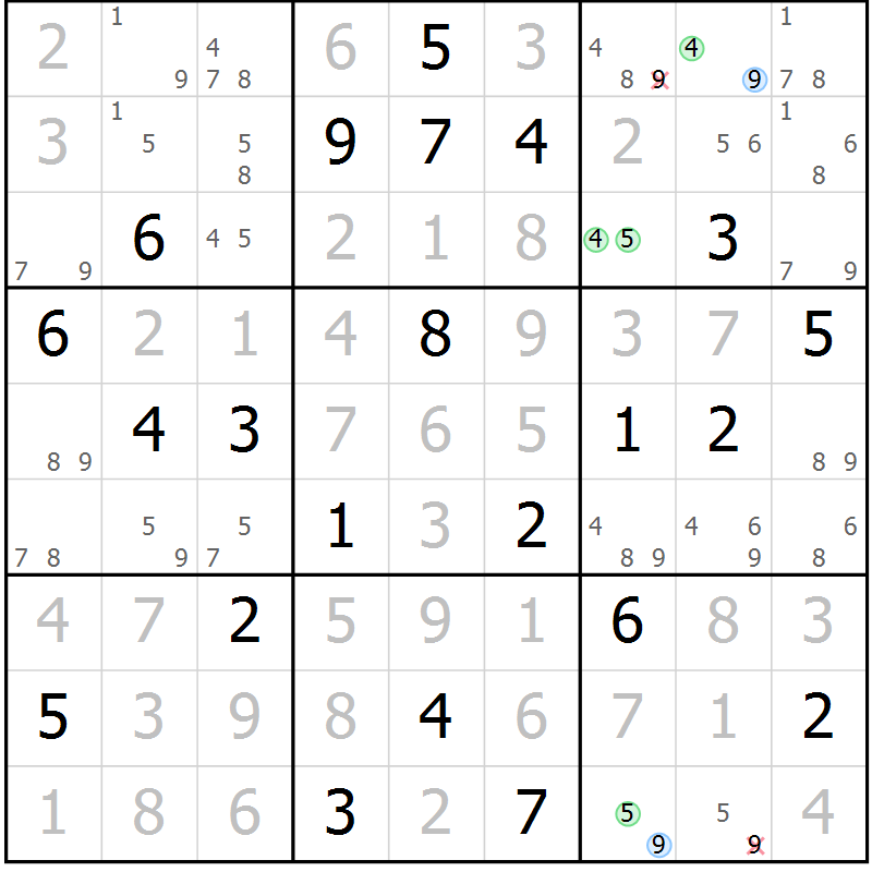 Position des candidats pour la solution de la Gr 124 page 127 du magazine de sudoku Giga sudoku niv 6-8 n° 016