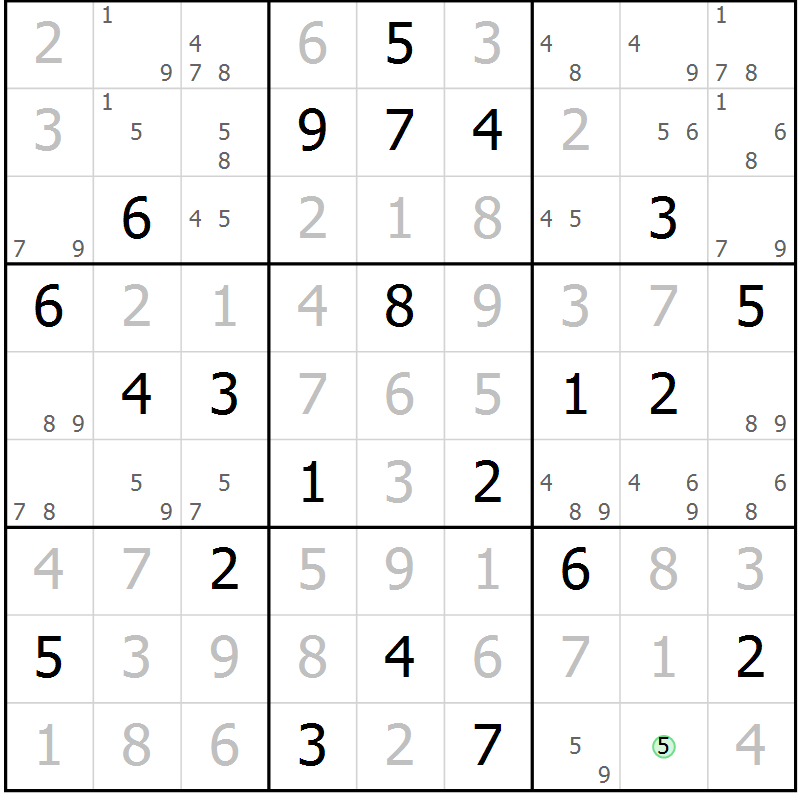 Position des candidats pour la solution de la Gr 124 page 127 du magazine de sudoku Giga sudoku niv 6-8 n° 016