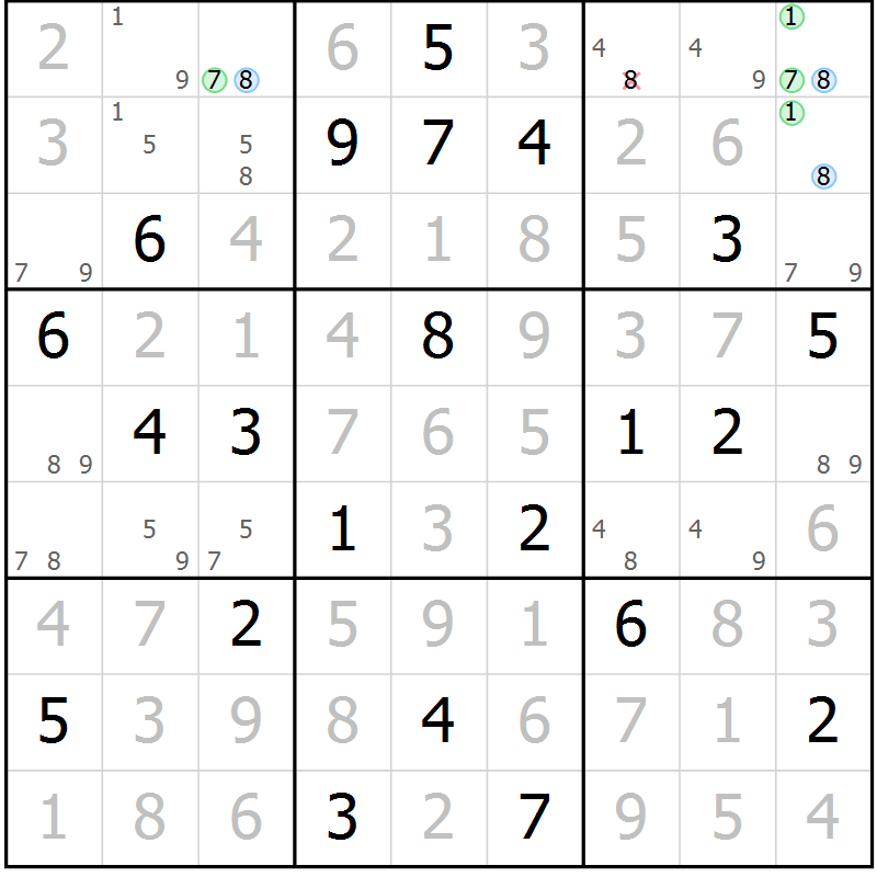 Position des candidats pour la solution de la Gr 124 page 127 du magazine de sudoku Giga sudoku niv 6-8 n° 016