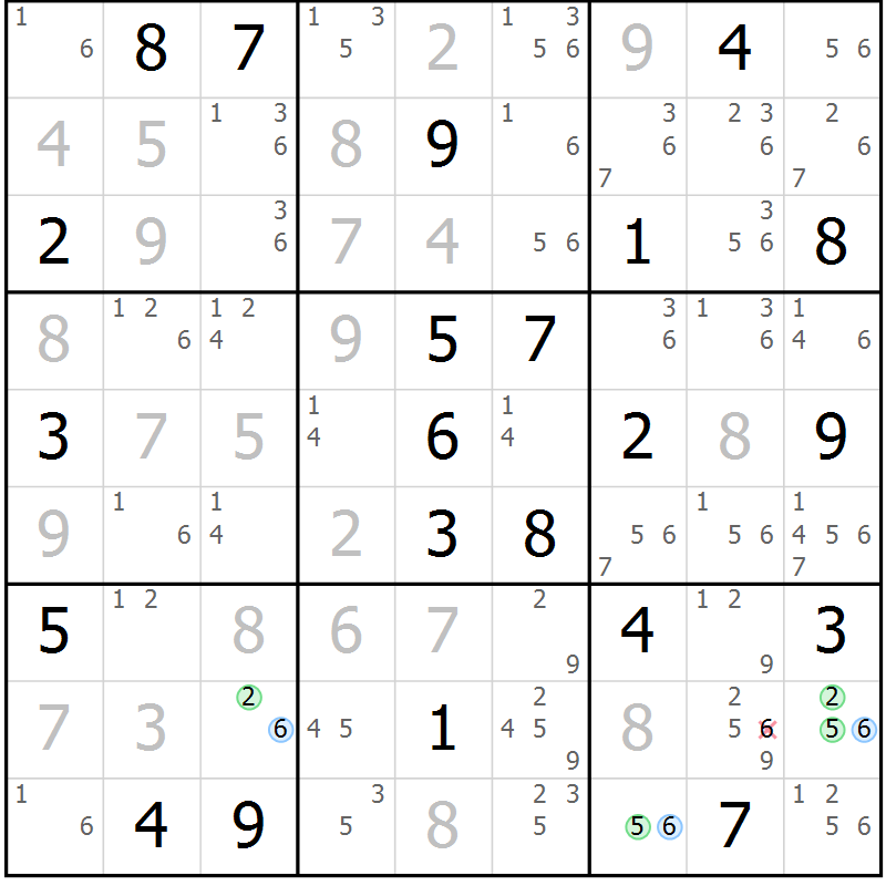 Position des candidats pour la solution de la Gr 125 page 128 du magazine de sudoku Giga sudoku niv 6-8 n° 016