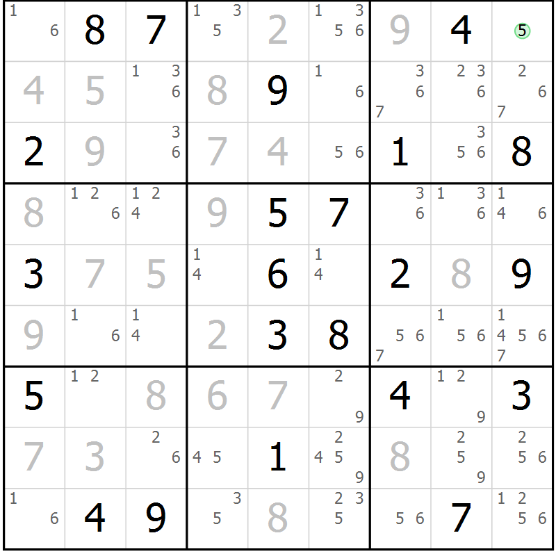 Position des candidats pour la solution de la Gr 125 page 128 du magazine de sudoku Giga sudoku niv 6-8 n° 016