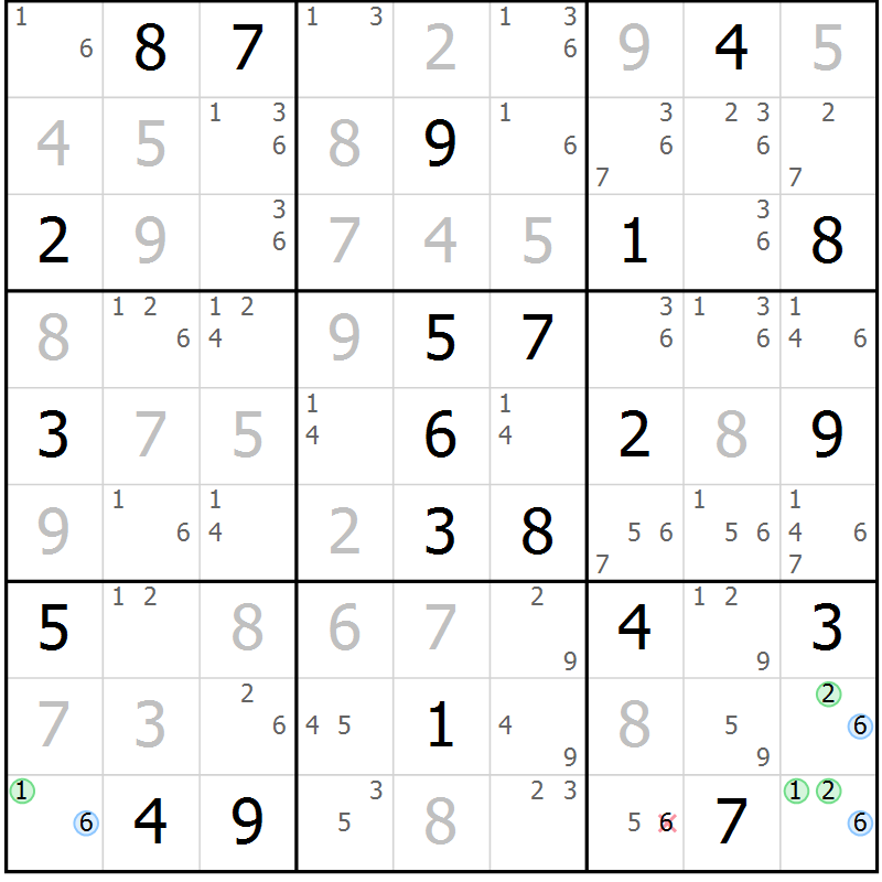 Position des candidats pour la solution de la Gr 125 page 128 du magazine de sudoku Giga sudoku niv 6-8 n° 016