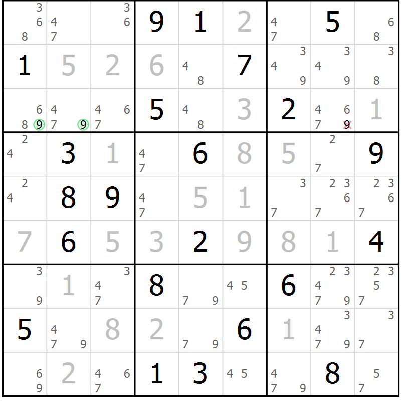 Position des candidats pour la solution de la Gr 126 page 129 du magazine de sudoku Giga sudoku niv 6-8 n° 016