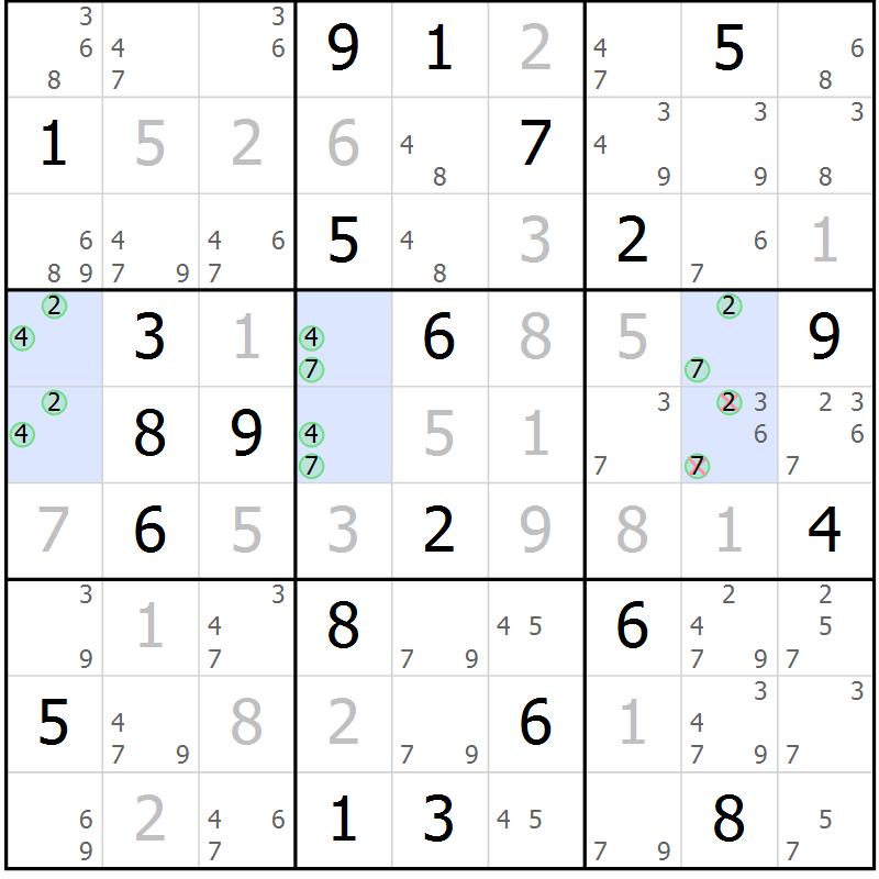 Position des candidats pour la solution de la Gr 126 page 129 du magazine de sudoku Giga sudoku niv 6-8 n° 016