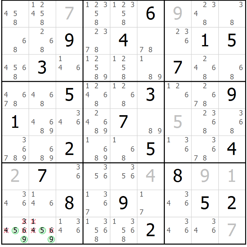 Position des candidats pour la solution de la Gr 127 page 130 du magazine de sudoku Giga sudoku niv 6-8 n° 016