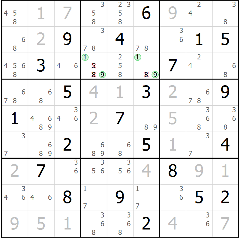 Position des candidats pour la solution de la Gr 127 page 130 du magazine de sudoku Giga sudoku niv 6-8 n° 016