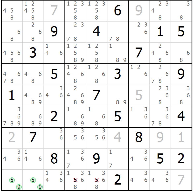 Position des candidats pour la solution de la Gr 127 page 130 du magazine de sudoku Giga sudoku niv 6-8 n° 016
