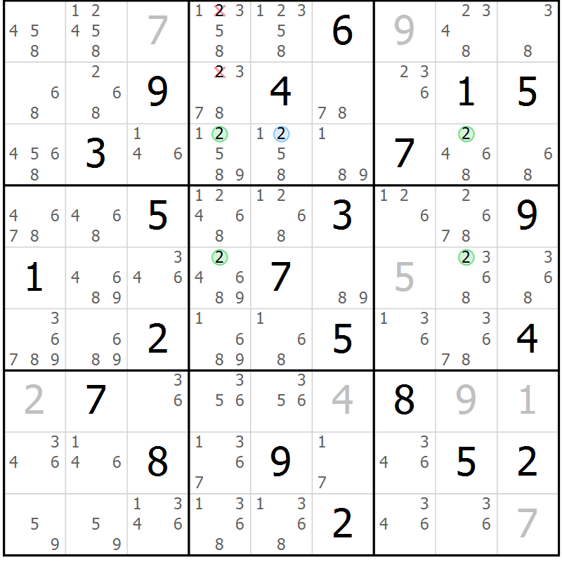 Position des candidats pour la solution de la Gr 127 page 130 du magazine de sudoku Giga sudoku niv 6-8 n° 016