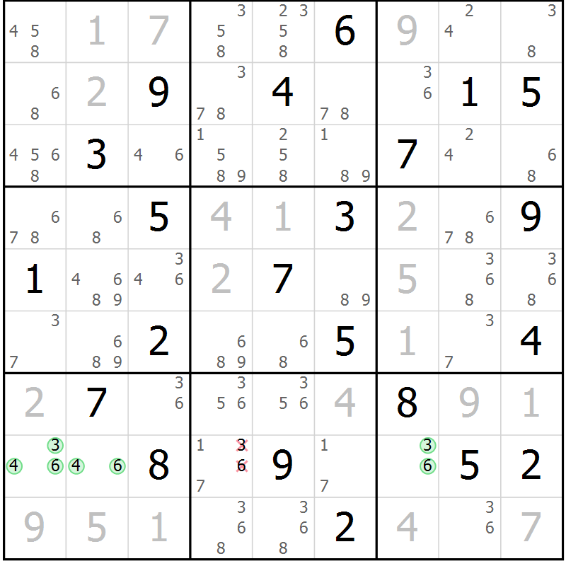 Position des candidats pour la solution de la Gr 127 page 130 du magazine de sudoku Giga sudoku niv 6-8 n° 016