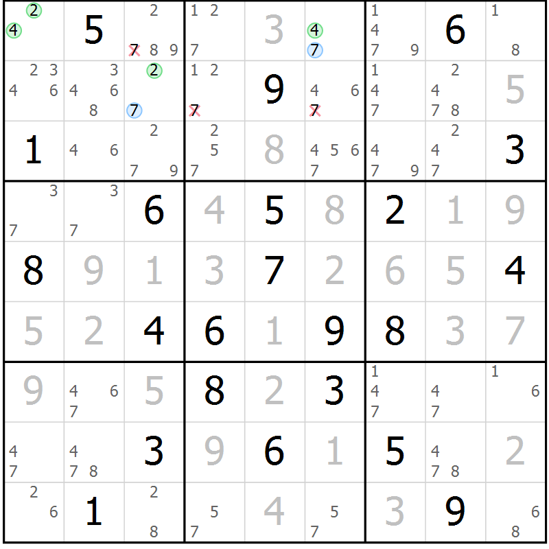 Position des candidats pour la solution de la Gr 128 page 131 du magazine de sudoku Giga sudoku niv 6-8 n° 016