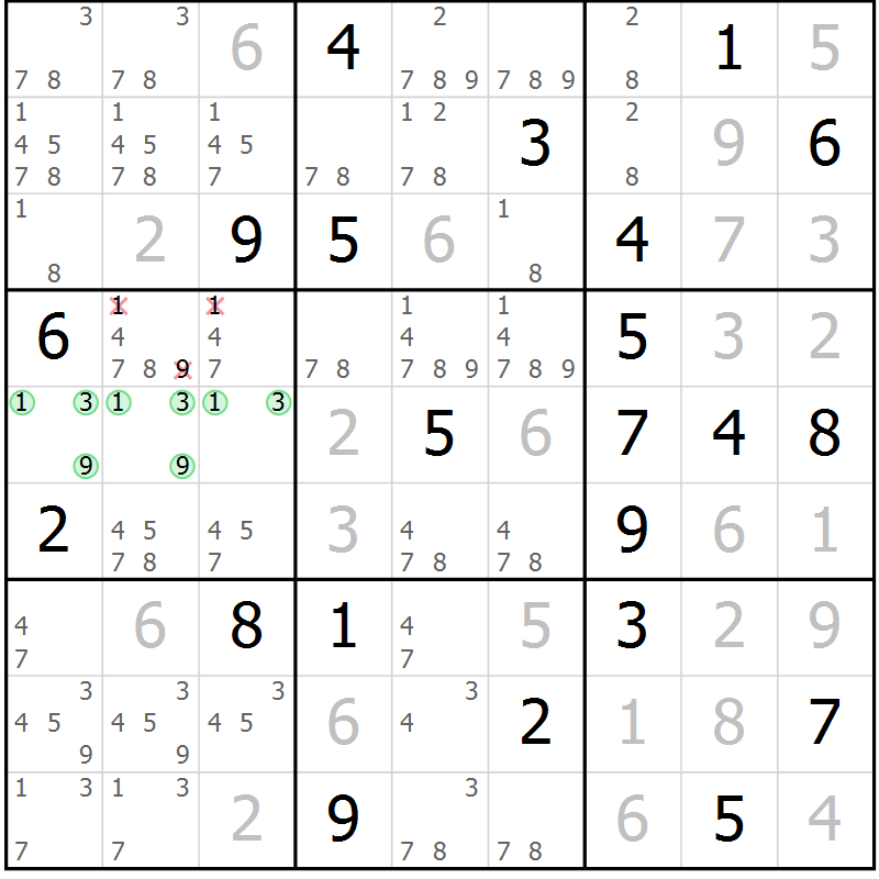 Position des candidats pour la solution de la Gr 129 page 132 du magazine de sudoku Giga sudoku niv 6-8 n° 016