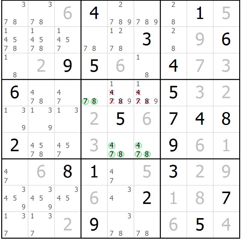 Position des candidats pour la solution de la Gr 129 page 132 du magazine de sudoku Giga sudoku niv 6-8 n° 016