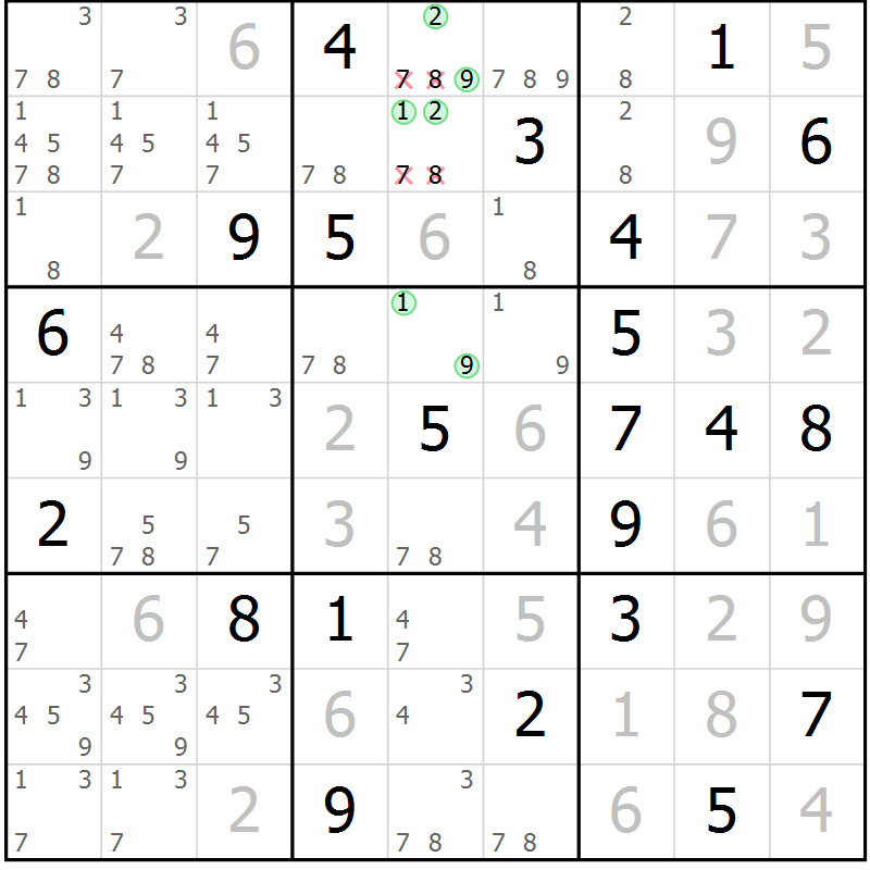 Position des candidats pour la solution de la Gr 129 page 132 du magazine de sudoku Giga sudoku niv 6-8 n° 016