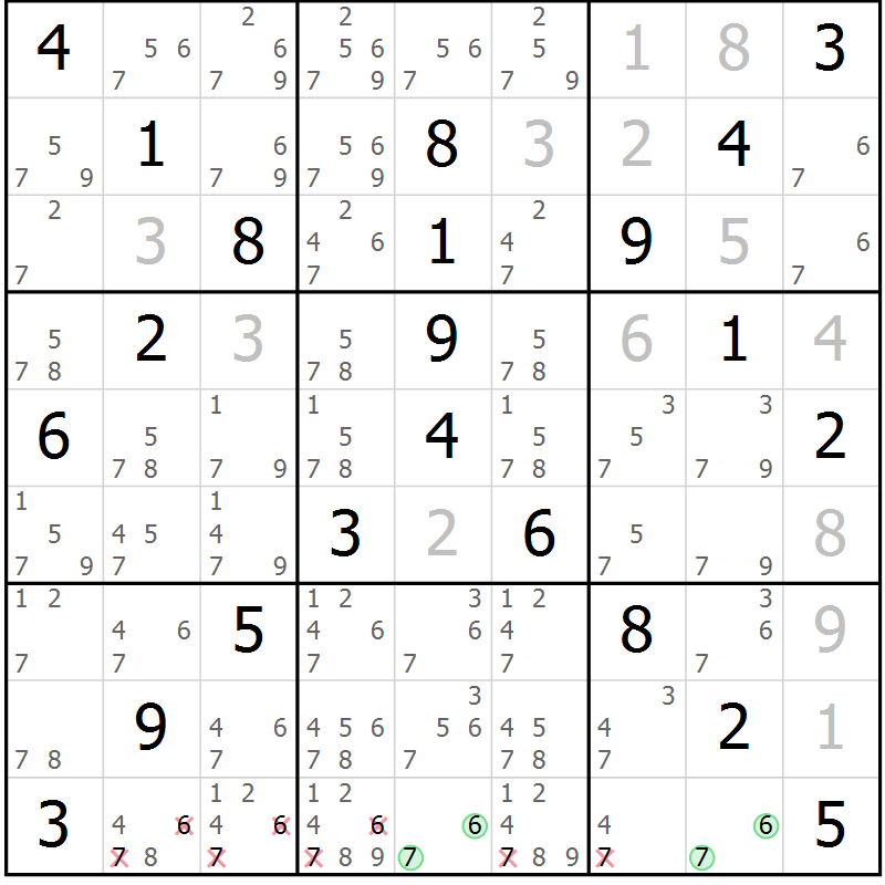 Position des candidats pour la solution de la Gr 13 page 16 du magazine de sudoku Giga sudoku niv 6-8 n° 016