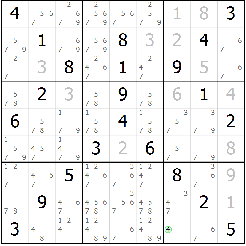 Position des candidats pour la solution de la Gr 13 page 16 du magazine de sudoku Giga sudoku niv 6-8 n° 016