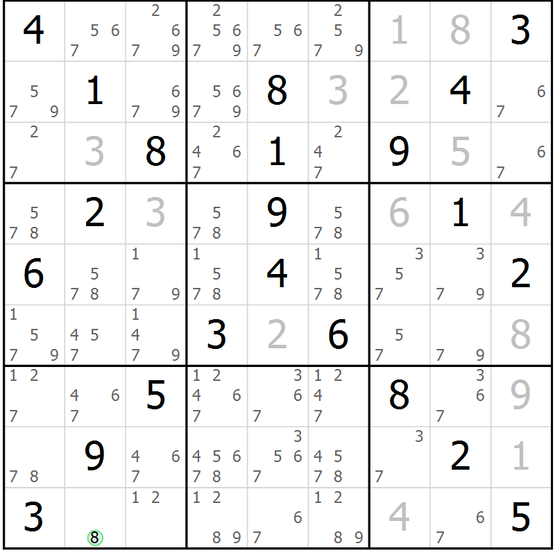 Position des candidats pour la solution de la Gr 13 page 16 du magazine de sudoku Giga sudoku niv 6-8 n° 016