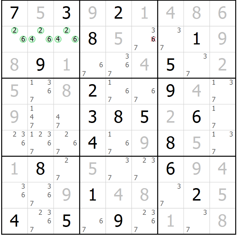 Position des candidats pour la solution de la Gr 130 page 133 du magazine de sudoku Giga sudoku niv 6-8 n° 016