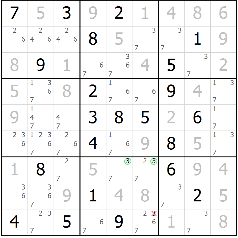Position des candidats pour la solution de la Gr 130 page 133 du magazine de sudoku Giga sudoku niv 6-8 n° 016