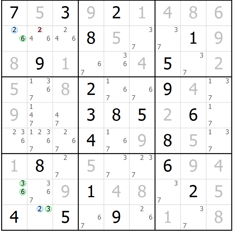 Position des candidats pour la solution de la Gr 130 page 133 du magazine de sudoku Giga sudoku niv 6-8 n° 016