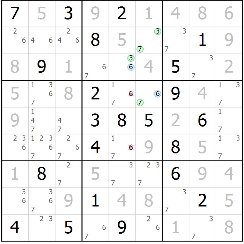 Position des candidats pour la solution de la Gr 130 page 133 du magazine de sudoku Giga sudoku niv 6-8 n° 016