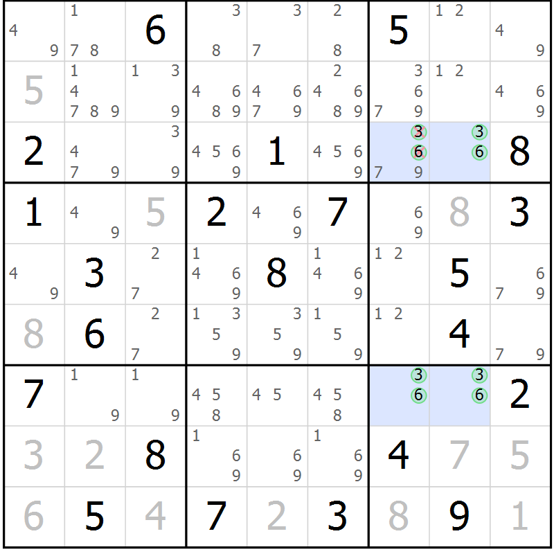 Position des candidats pour la solution de la Gr 131 page 134 du magazine de sudoku Giga sudoku niv 6-8 n° 016