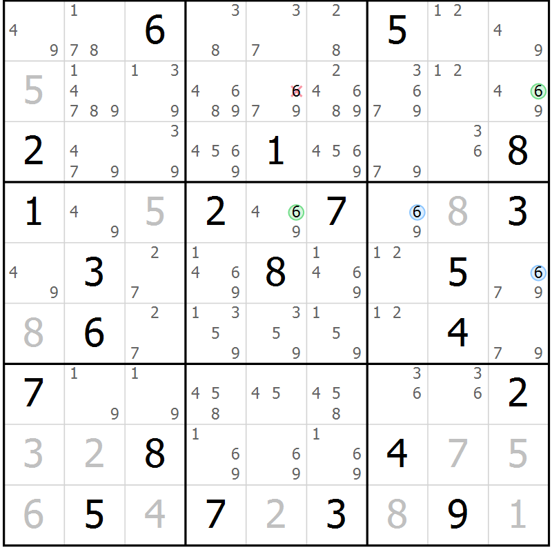 Position des candidats pour la solution de la Gr 131 page 134 du magazine de sudoku Giga sudoku niv 6-8 n° 016