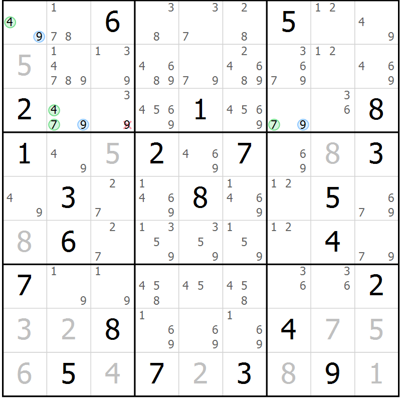 Position des candidats pour la solution de la Gr 131 page 134 du magazine de sudoku Giga sudoku niv 6-8 n° 016