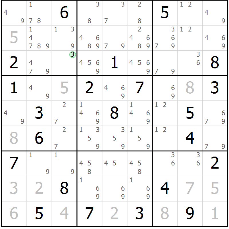 Position des candidats pour la solution de la Gr 131 page 134 du magazine de sudoku Giga sudoku niv 6-8 n° 016