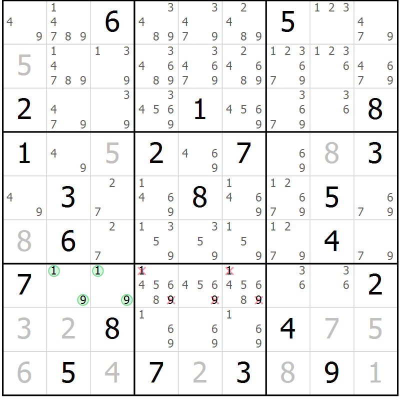 Position des candidats pour la solution de la Gr 131 page 134 du magazine de sudoku Giga sudoku niv 6-8 n° 016