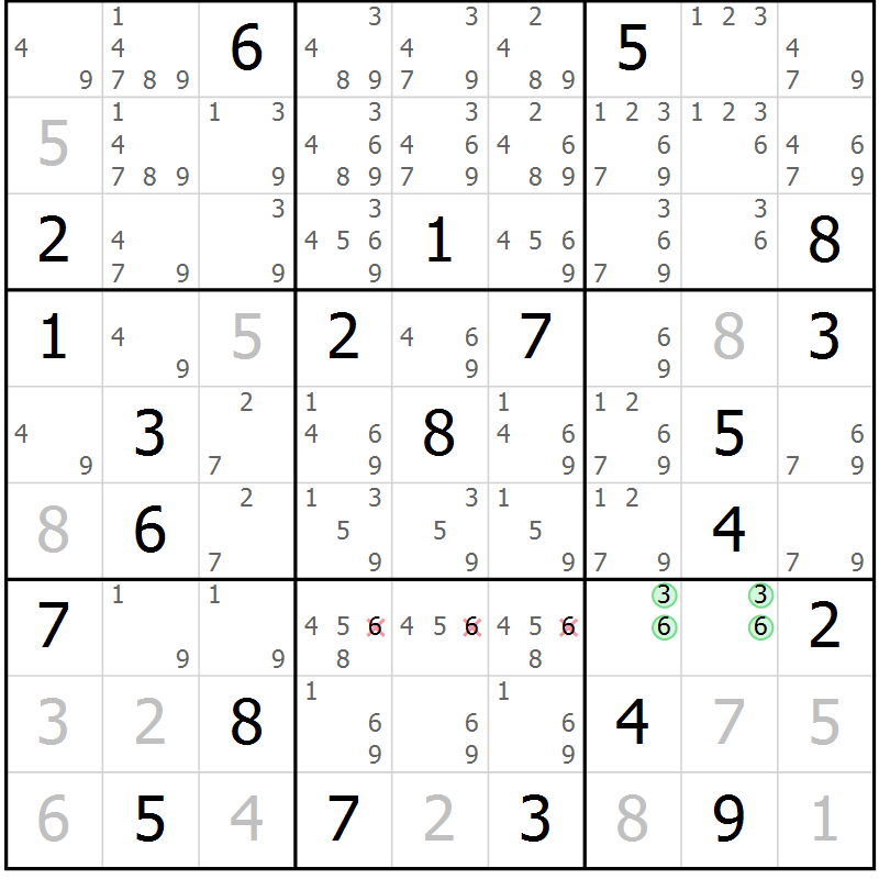 Position des candidats pour la solution de la Gr 131 page 134 du magazine de sudoku Giga sudoku niv 6-8 n° 016
