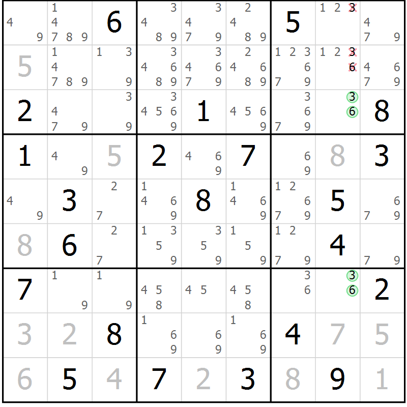 Position des candidats pour la solution de la Gr 131 page 134 du magazine de sudoku Giga sudoku niv 6-8 n° 016