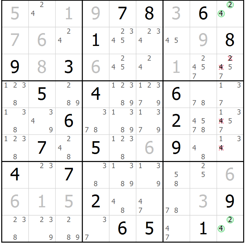 Position des candidats pour la solution de la Gr 132 page 135 du magazine de sudoku Giga sudoku niv 6-8 n° 016