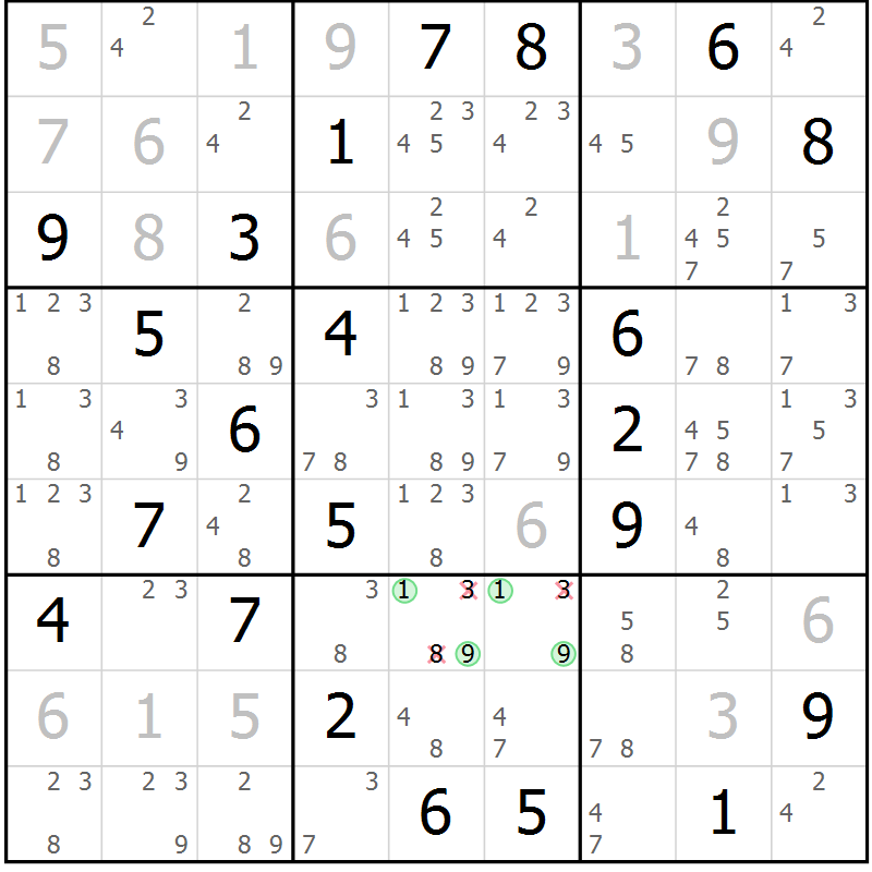 Position des candidats pour la solution de la Gr 132 page 135 du magazine de sudoku Giga sudoku niv 6-8 n° 016
