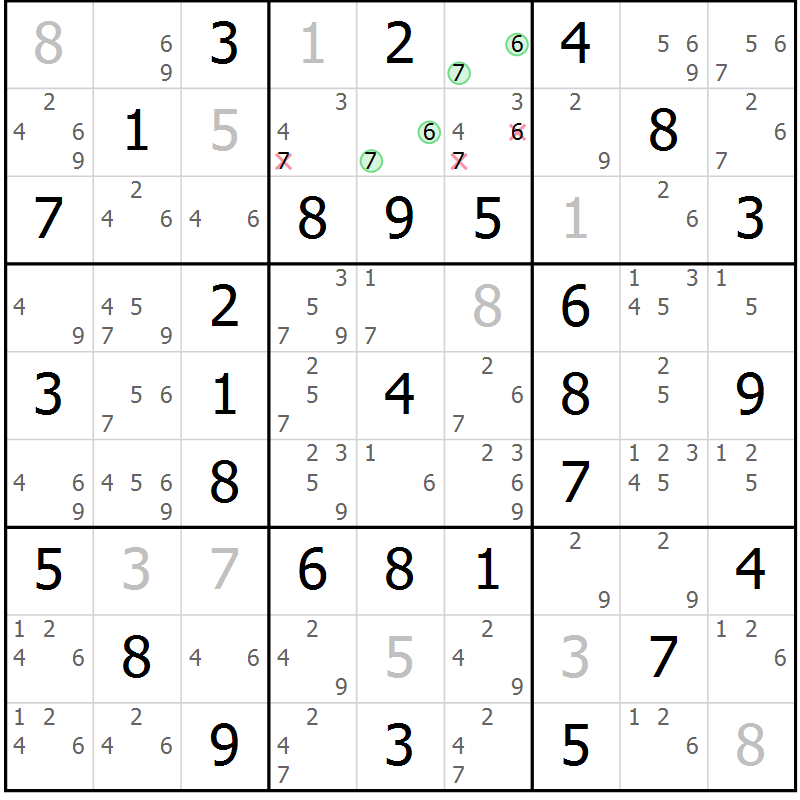 Position des candidats pour la solution de la Gr 14 page 17 du magazine de sudoku Giga sudoku niv 6-8 n° 016