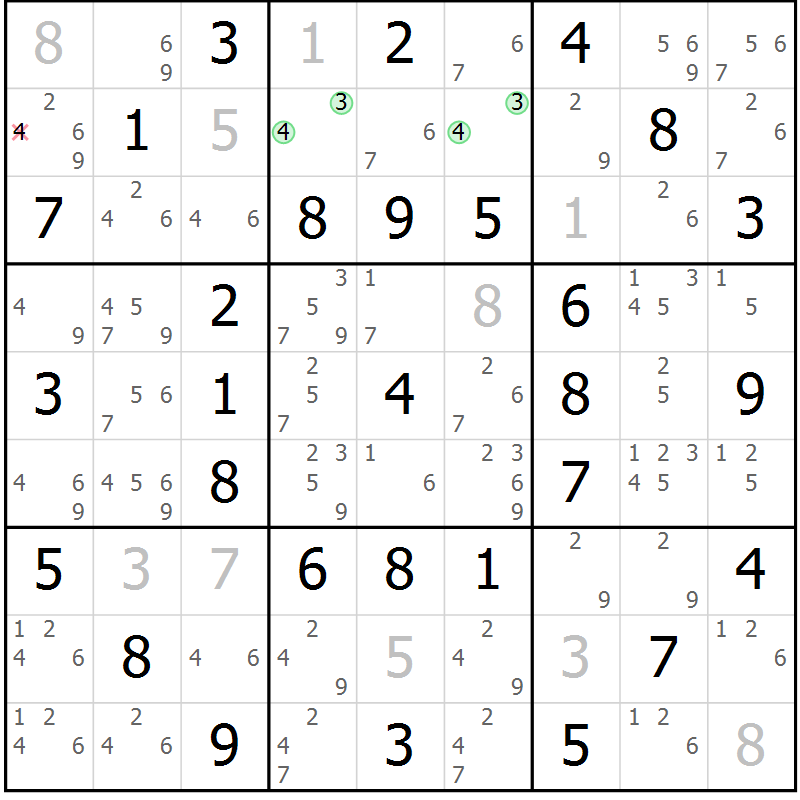 Position des candidats pour la solution de la Gr 14 page 17 du magazine de sudoku Giga sudoku niv 6-8 n° 016