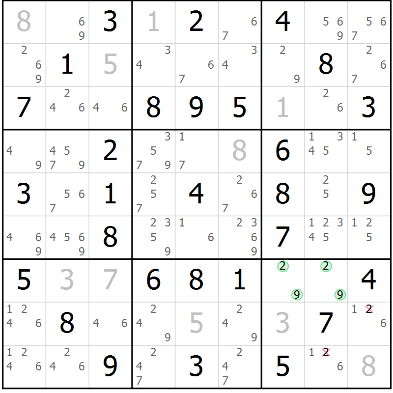 Position des candidats pour la solution de la Gr 14 page 17 du magazine de sudoku Giga sudoku niv 6-8 n° 016
