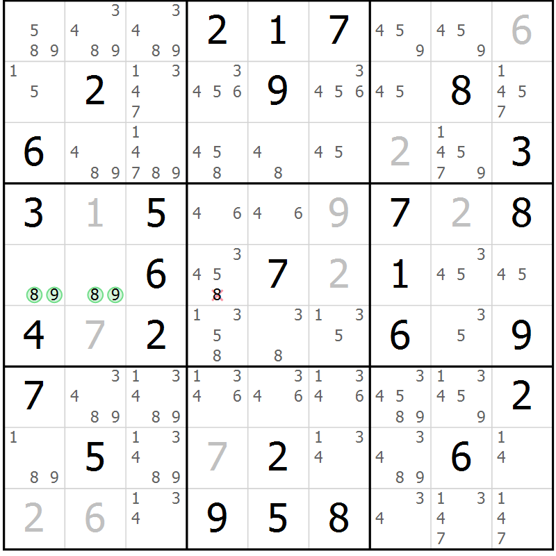 Position des candidats pour la solution de la Gr 15 page 18 du magazine de sudoku Giga sudoku niv 6-8 n° 016