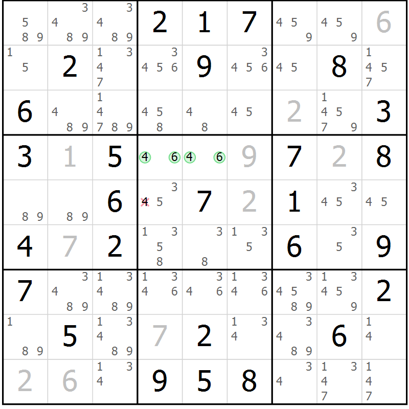 Position des candidats pour la solution de la Gr 15 page 18 du magazine de sudoku Giga sudoku niv 6-8 n° 016