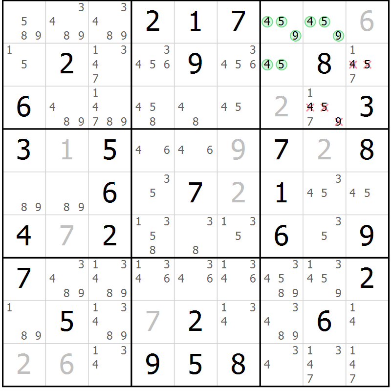 Position des candidats pour la solution de la Gr 15 page 18 du magazine de sudoku Giga sudoku niv 6-8 n° 016