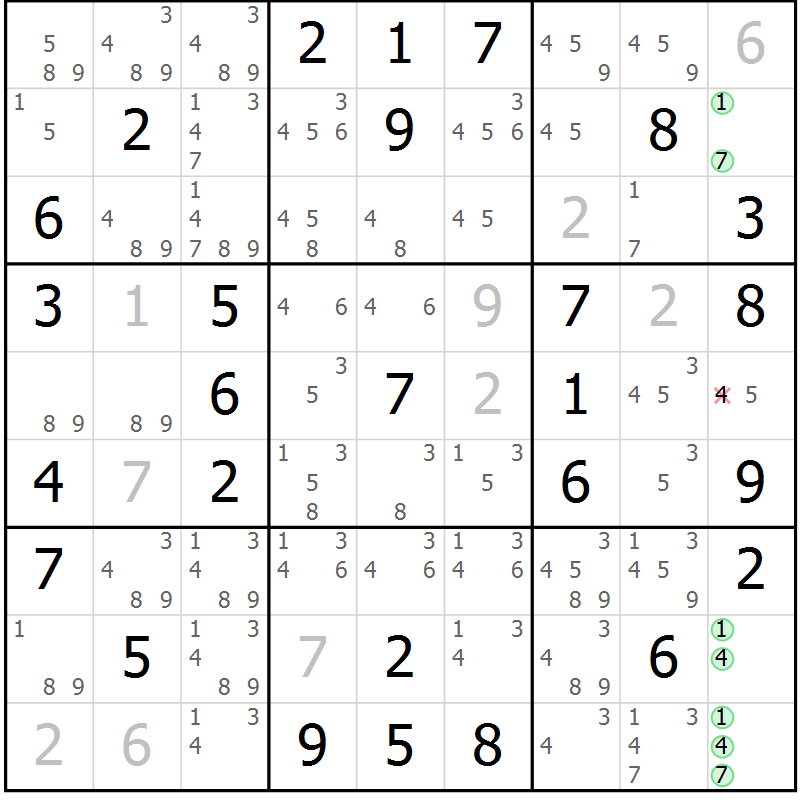 Position des candidats pour la solution de la Gr 15 page 18 du magazine de sudoku Giga sudoku niv 6-8 n° 016