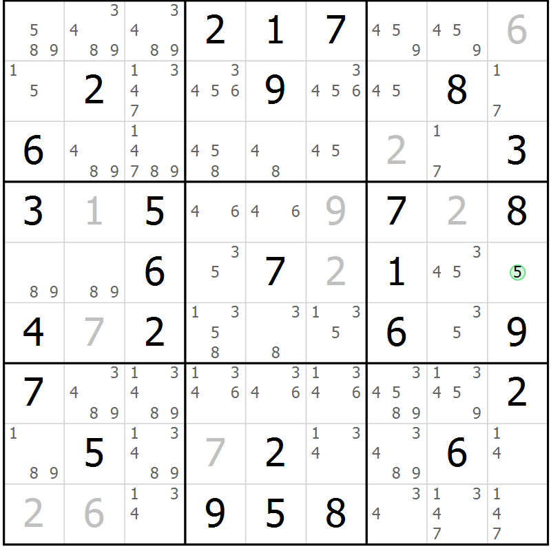 Position des candidats pour la solution de la Gr 15 page 18 du magazine de sudoku Giga sudoku niv 6-8 n° 016