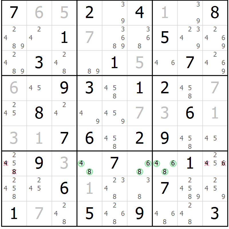 Position des candidats pour la solution de la Gr 17 page 20 du magazine de sudoku Giga sudoku niv 6-8 n° 016