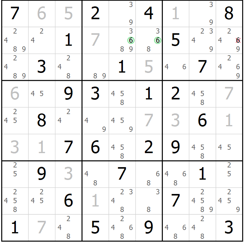 Position des candidats pour la solution de la Gr 17 page 20 du magazine de sudoku Giga sudoku niv 6-8 n° 016