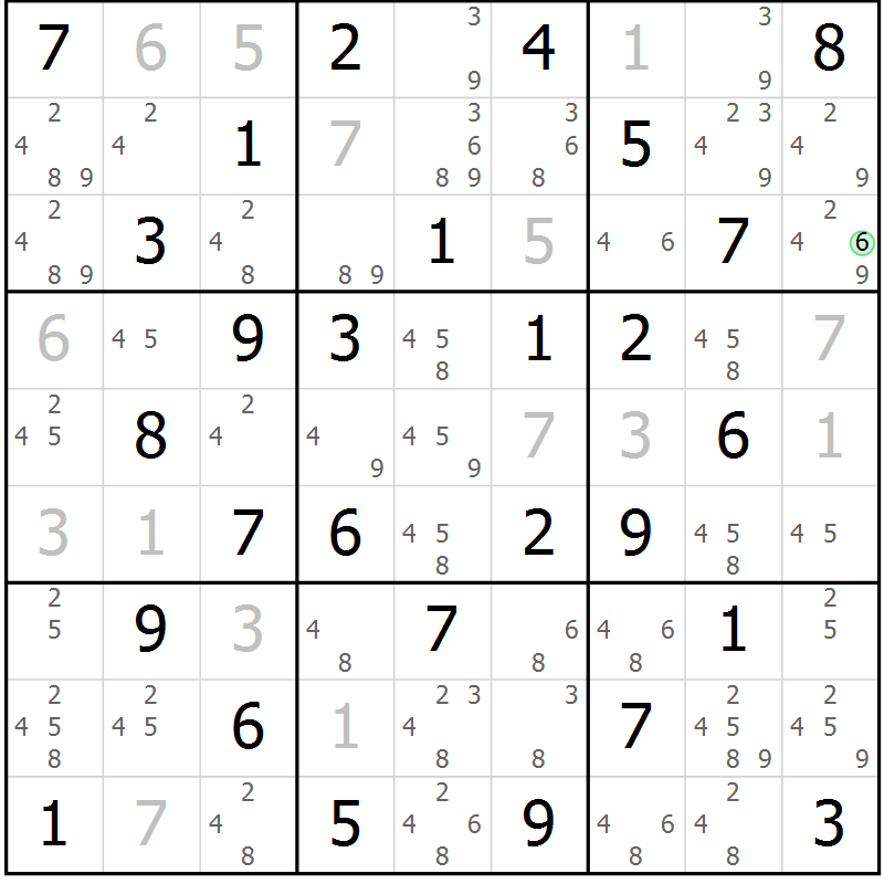 Position des candidats pour la solution de la Gr 17 page 20 du magazine de sudoku Giga sudoku niv 6-8 n° 016