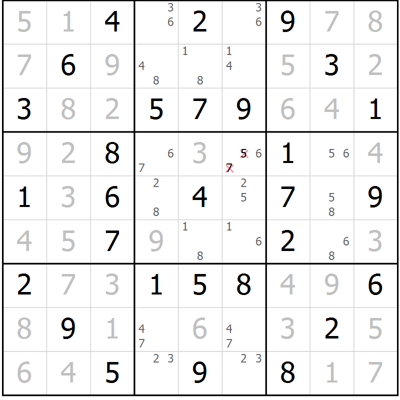 Position des candidats pour la solution de la Gr 18 page 21 du magazine de sudoku Giga sudoku niv 6-8 n° 016
