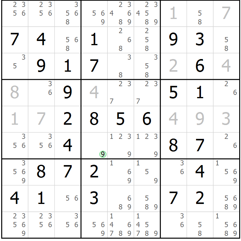Position des candidats pour la solution de la Gr 19 page 22 du magazine de sudoku Giga sudoku niv 6-8 n° 016