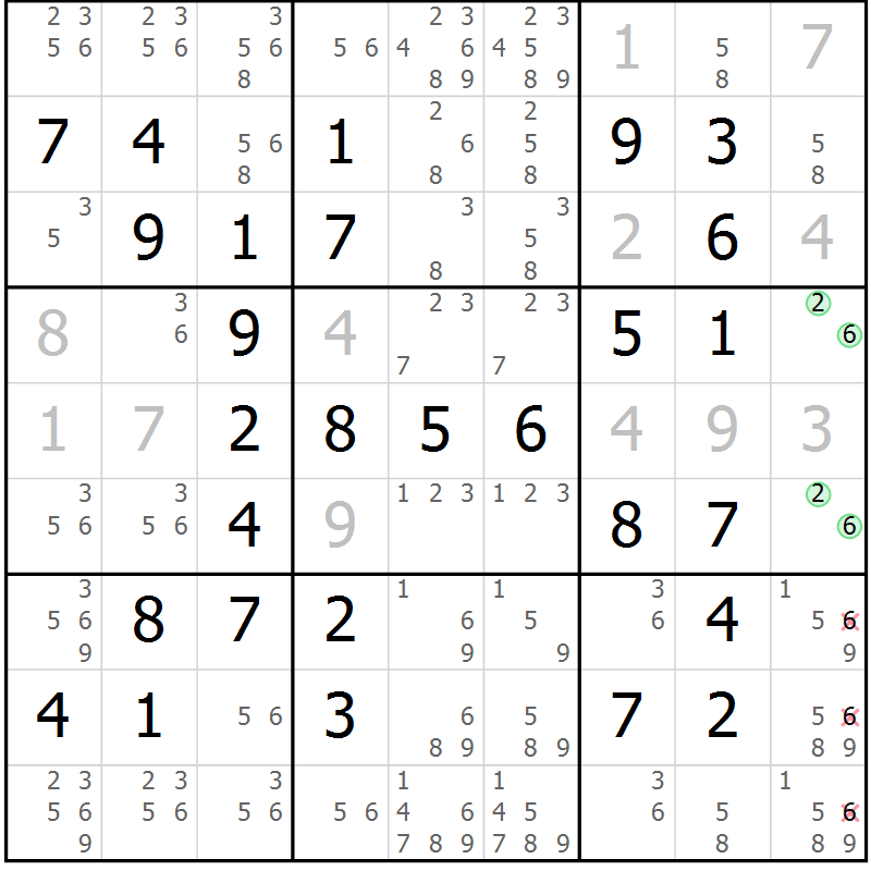 Position des candidats pour la solution de la Gr 19 page 22 du magazine de sudoku Giga sudoku niv 6-8 n° 016