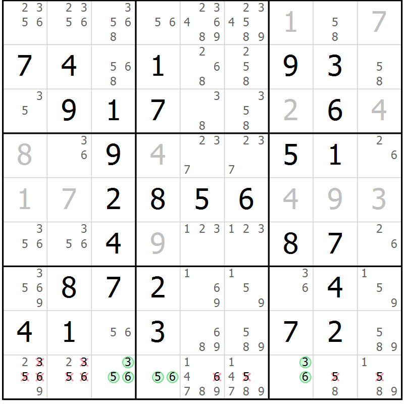Position des candidats pour la solution de la Gr 19 page 22 du magazine de sudoku Giga sudoku niv 6-8 n° 016