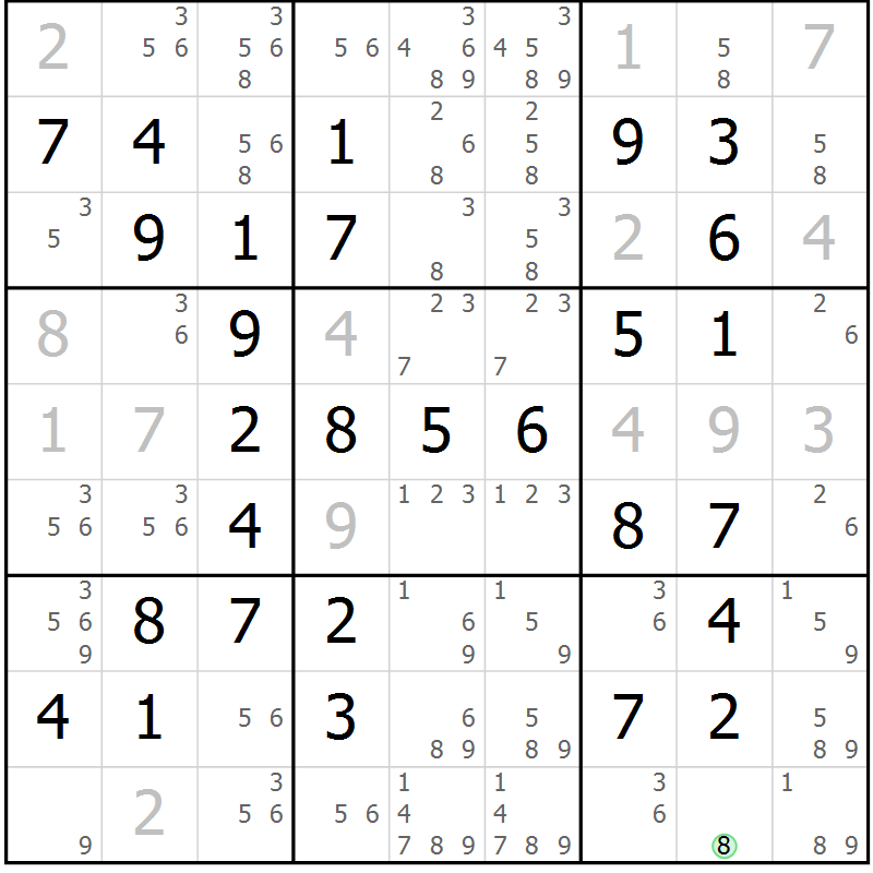Position des candidats pour la solution de la Gr 19 page 22 du magazine de sudoku Giga sudoku niv 6-8 n° 016
