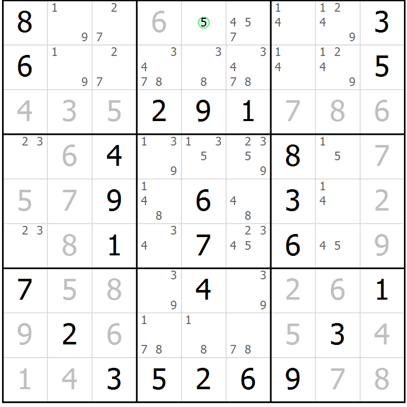 Position des candidats pour la solution de la Gr 2 page 5 du magazine de sudoku Giga sudoku niv 6-8 n° 016